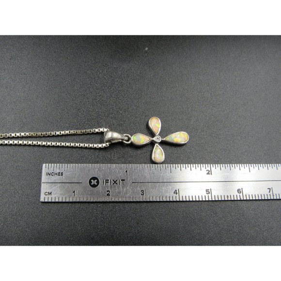 20" Sterling Silver Small Opal Cross Pendant Necklace Vintage Minimalist - Picture 6 of 7